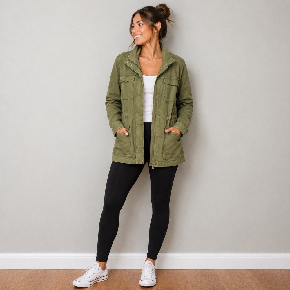 Vintage America Womens Olive Green Cotton Utility Field Jacket Size L Full Zip